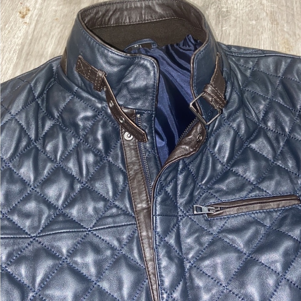 Lambskin Coat Navy w/ Brown Size Says XS (I'd say more Small Medium)